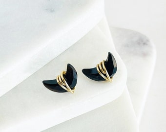Schwarzer Onyx Mond Ohrstecker: Sterling Silber, Gold Filled