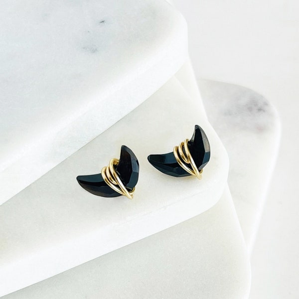 Black Onyx Studs Earrings, Black Onyx Moon Crescent Studs Earrings, Post Earrings, Raw Genuine Black Onyx Jewelry, Everyday Earrings