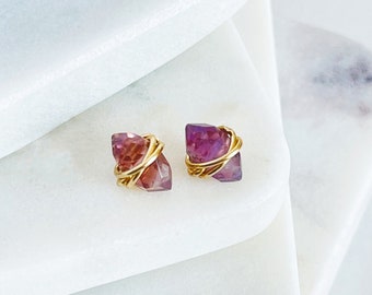 Amethyst Stud Earrings • February Birthstone Studs • Gold Amethyst Earrings Boho Minimalist Geometric Natural Stone • Minimalist Jewelry