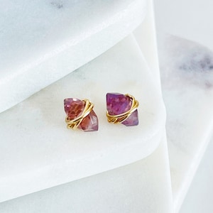 Amethyst Stud Earrings: Gold Wire Wrapped, February Birthstone