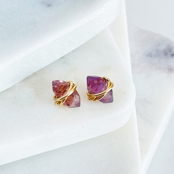 Amethyst Stud Earrings • February Birthstone Studs • Gold Amethyst Earrings Boho Minimalist Geometric Natural Stone • Minimalist Jewelry