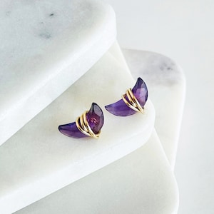 Amethyst Moon Stud Earrings: Gold Filled, Sterling Silver, Minimalist Jewelry