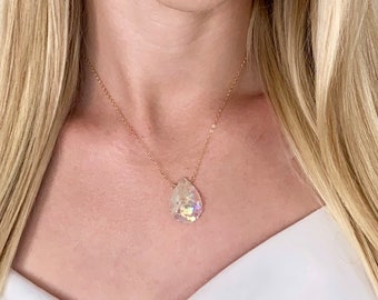 Angel Aura Quartz Crystal Necklace: Sterling Silver & 14k Gold