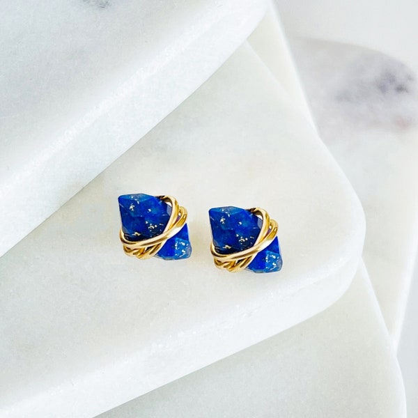 Lapis Lazuli Studs Earrings • Genuine Lapis Lazuli Post Earrings • Gold Lapis Earrings • Best Friend Gift • Minimalist Jewelry