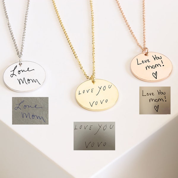 14k Gold Filled Handwriting Necklace Custom Handwriting Jewelry Memorial Signature Necklace Personalized Disc Necklace Handwritten Loss Gift