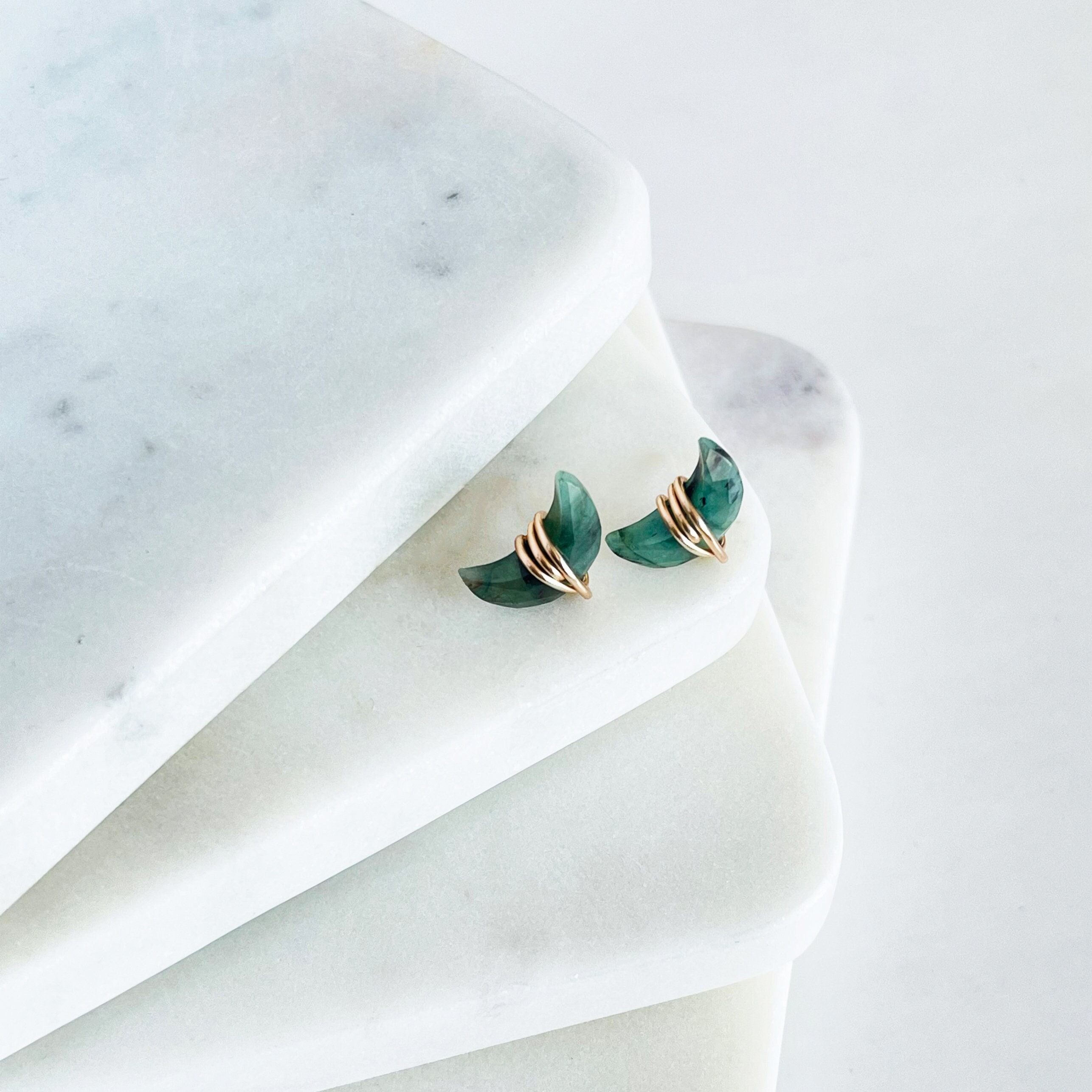 Raw Emerald Studs Earrings, Emerald Earrings  Crescent Post Earrings, Emerald Post Earrings May Birthstone Earrings Raw Gemstone Studs