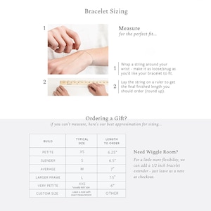 Puede incluir: Un gr&aacute;fico con instrucciones sobre c&oacute;mo medir tu mu&ntilde;eca para un brazalete. El gr&aacute;fico incluye una tabla con diferentes tipos de construcci&oacute;n y la longitud de brazalete correspondiente para pedir. El gr&aacute;fico tambi&eacute;n incluye una secci&oacute;n sobre c&oacute;mo agregar un extensor de brazalete para un ajuste m&aacute;s flexible.