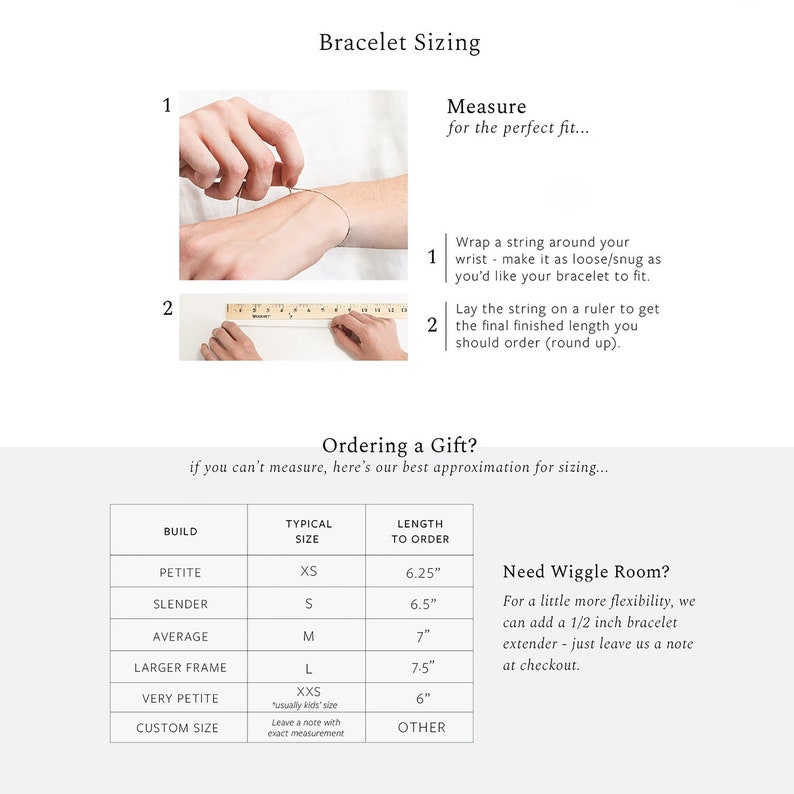 Puede incluir: Un gr&aacute;fico con instrucciones sobre c&oacute;mo medir tu mu&ntilde;eca para un brazalete. El gr&aacute;fico incluye una tabla con diferentes tipos de construcci&oacute;n y la longitud de brazalete correspondiente para pedir. El gr&aacute;fico tambi&eacute;n incluye una secci&oacute;n sobre c&oacute;mo agregar un extensor de brazalete para un ajuste m&aacute;s flexible.