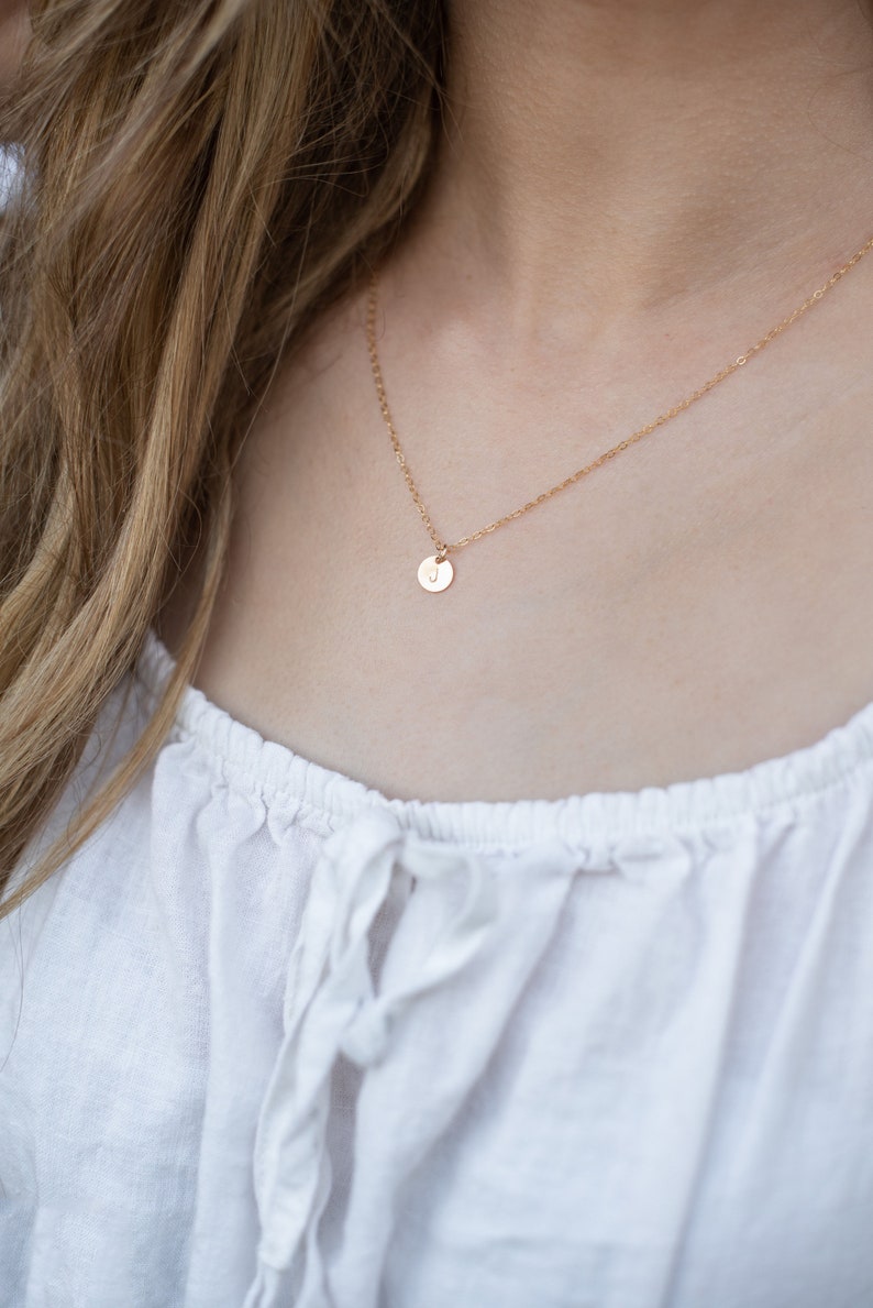 Personalized Disc Tiny Gold Initial Coin Necklace Bridesmaid Gift Mom's Gift Birthday Gift for Her Personalized Circle Tag image 3