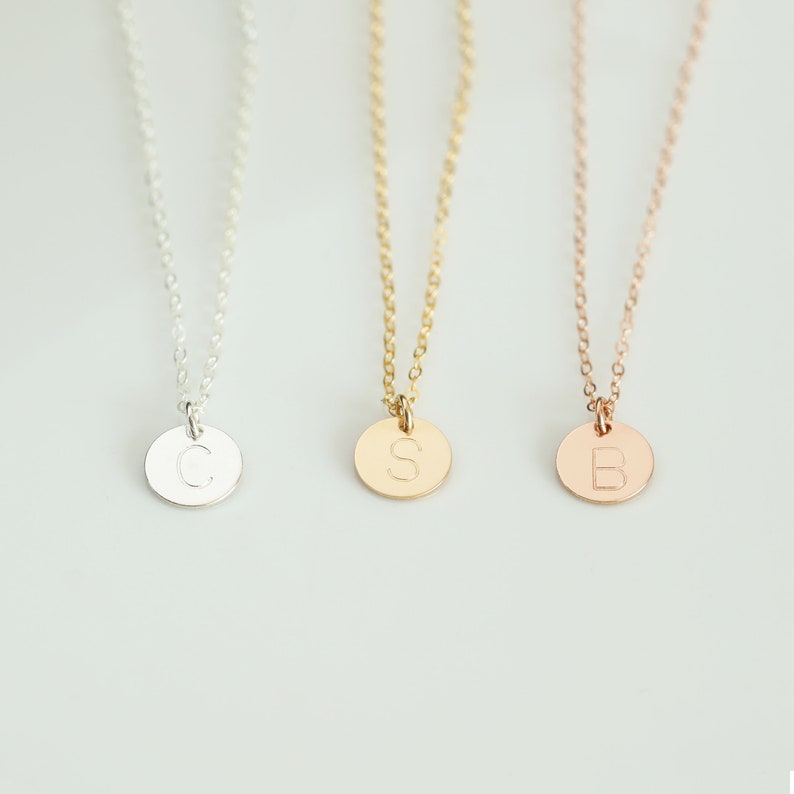 Personalized Disc Tiny Gold Initial Coin Necklace Bridesmaid Gift Mom's Gift Birthday Gift for Her Personalized Circle Tag Rose Gold Filled