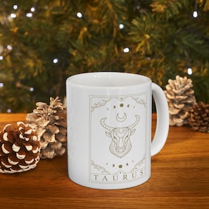Caneca Taurus - Caneca de café do zodíaco - Caneca de astrologia - Caneca de cartas de tarô - Caneca de cerâmica 11 onças - Caneca de chá - Caneca de signo solar - Caneca de tarô