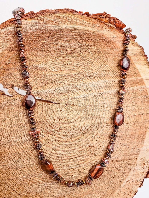 Gorgeous Tigers Eye, Freshwater Pearl, Copper Necklace - Main Image