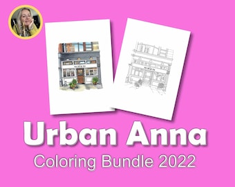 12 Downloadable coloring pages of original Urban Anna pen drawings from 2022. Print at home PDF, shop fronts urban sketch, adult colouring