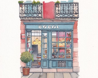 Blue Madrid shopfront watercolor painting illustrated by Dutch illustrator Urban Anna @urbananna20, urban art, original art, watercolor