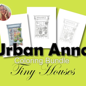 Set of 4 downloadable coloring sheets of original UrbanAnna pen drawings Tiny House Collection, Shopfront Bramble coloring for beginners