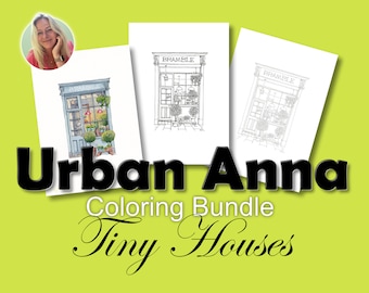Tiny House Collection: Set of 4 downloadable coloring sheets of original Urban Anna pen drawings, Shopfront Bramble coloring for beginners