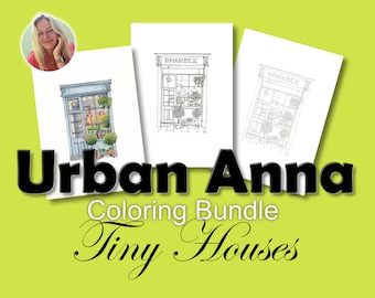 Set of 4 downloadable coloring sheets of original UrbanAnna pen drawings Tiny House Collection, Shopfront Bramble coloring for beginners