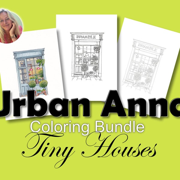 Set of 4 downloadable coloring sheets of original UrbanAnna pen drawings Tiny House Collection, Shopfront Bramble coloring for beginners
