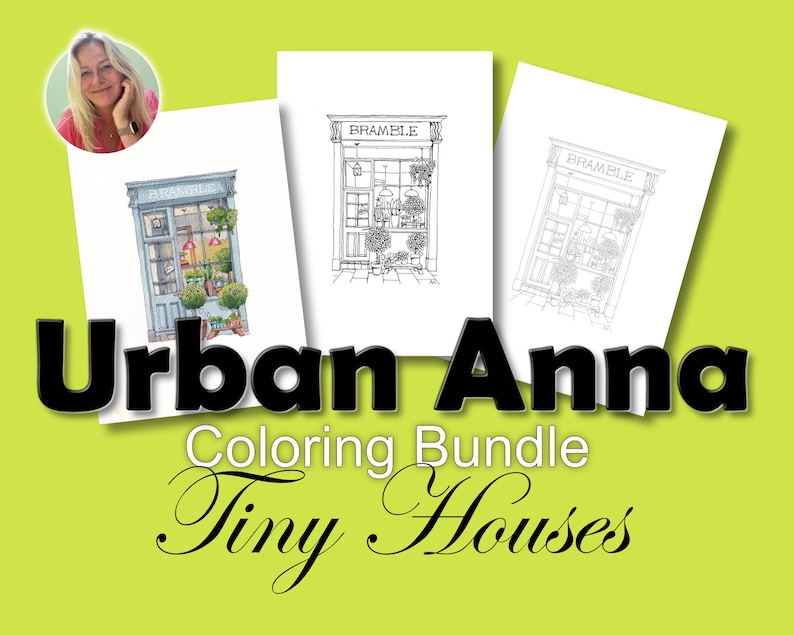 Set of 4 downloadable coloring sheets of original UrbanAnna pen drawings Tiny House Collection, Shopfront Bramble coloring for beginners afbeelding 1