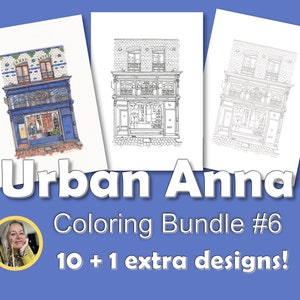 Part 6: Set of 11 downloadable coloring pages of original Urban Anna pen drawings 2024. Print at home PDF, shop fronts urban sketch