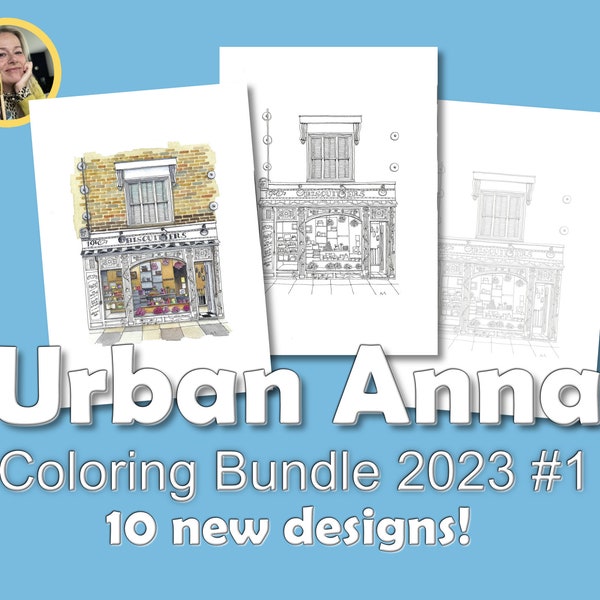 Part 1: Set of 10 downloadable coloring pages of original Urban Anna pen drawings 2023 Print at home PDF, shop fronts urban illustration