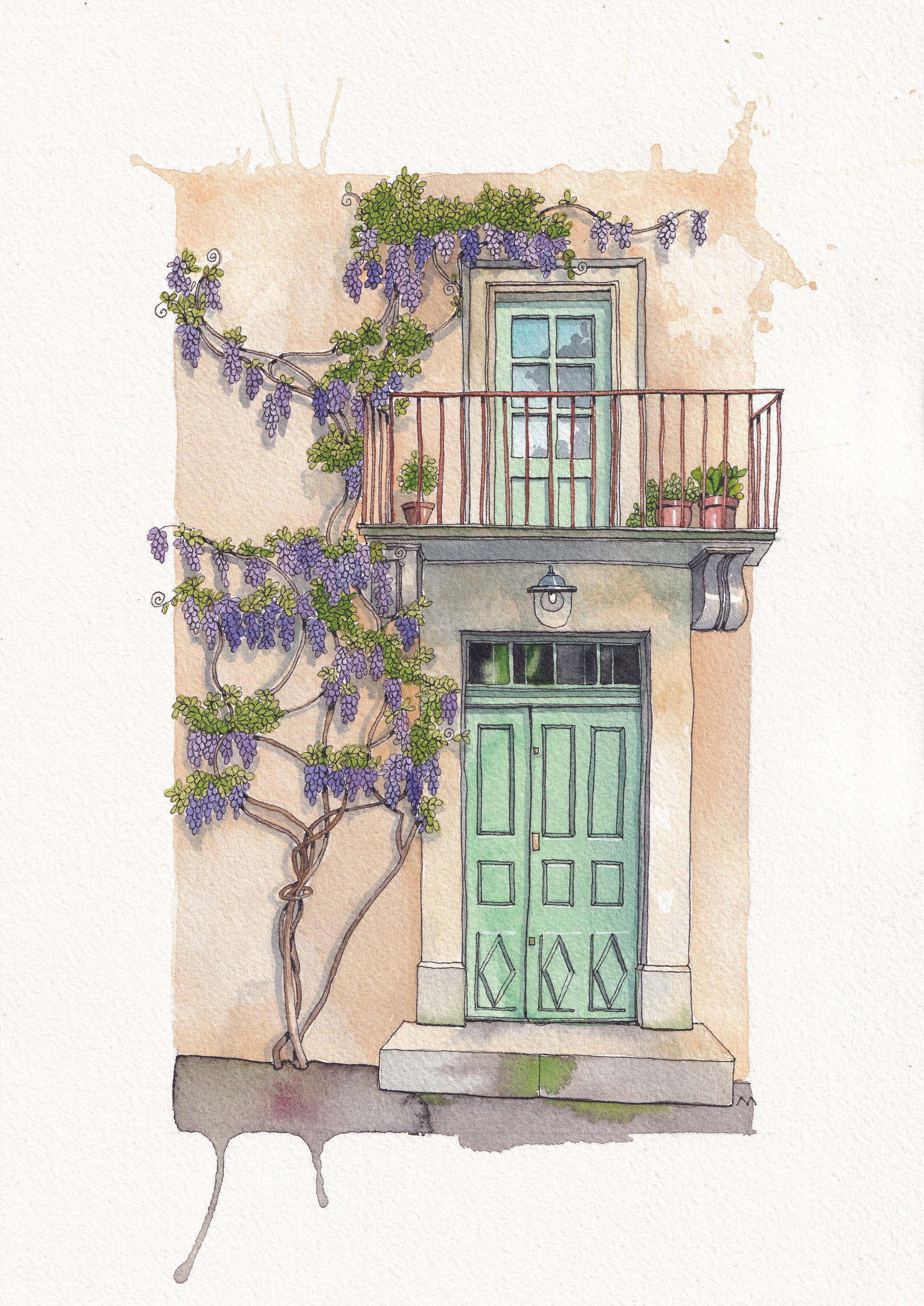 SPRING SALE Original Watercolor Painting of a Street View in