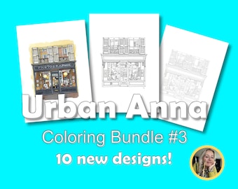 Teil 3: Set mit 10 herunterladbaren Malseiten mit originalen Urban Anna-Stiftzeichnungen. Drucken Sie zu Hause PDF, städtische Skizze der Ladenfronten