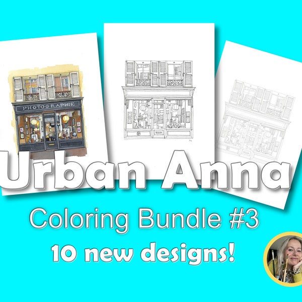 Part 3: Set of 10 downloadable coloring pages of original Urban Anna pen drawings. Print at home PDF, shopfronts urban sketch