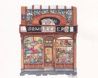 Spanish hat shop original watercolor painting illustrated by Dutch illustrator Urban Anna @urbananna20, urban art, original art, watercolor