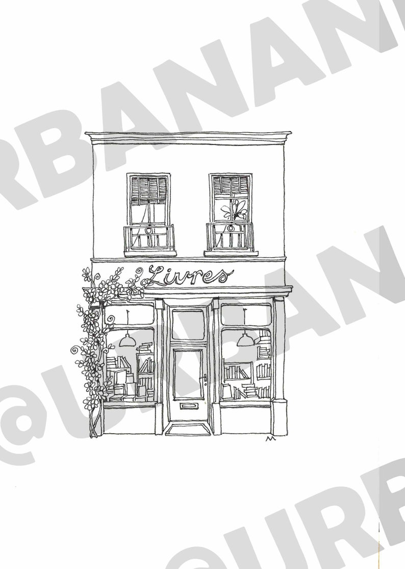 Set of 4 downloadable coloring sheets of original UrbanAnna pen drawings Tiny House Collection, Shopfront Bramble coloring for beginners afbeelding 5