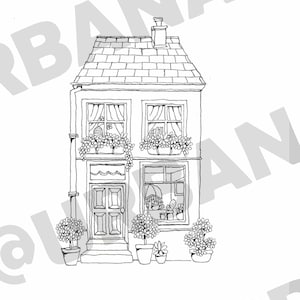 Set of 4 downloadable coloring sheets of original UrbanAnna pen drawings Tiny House Collection, Shopfront Bramble coloring for beginners afbeelding 3