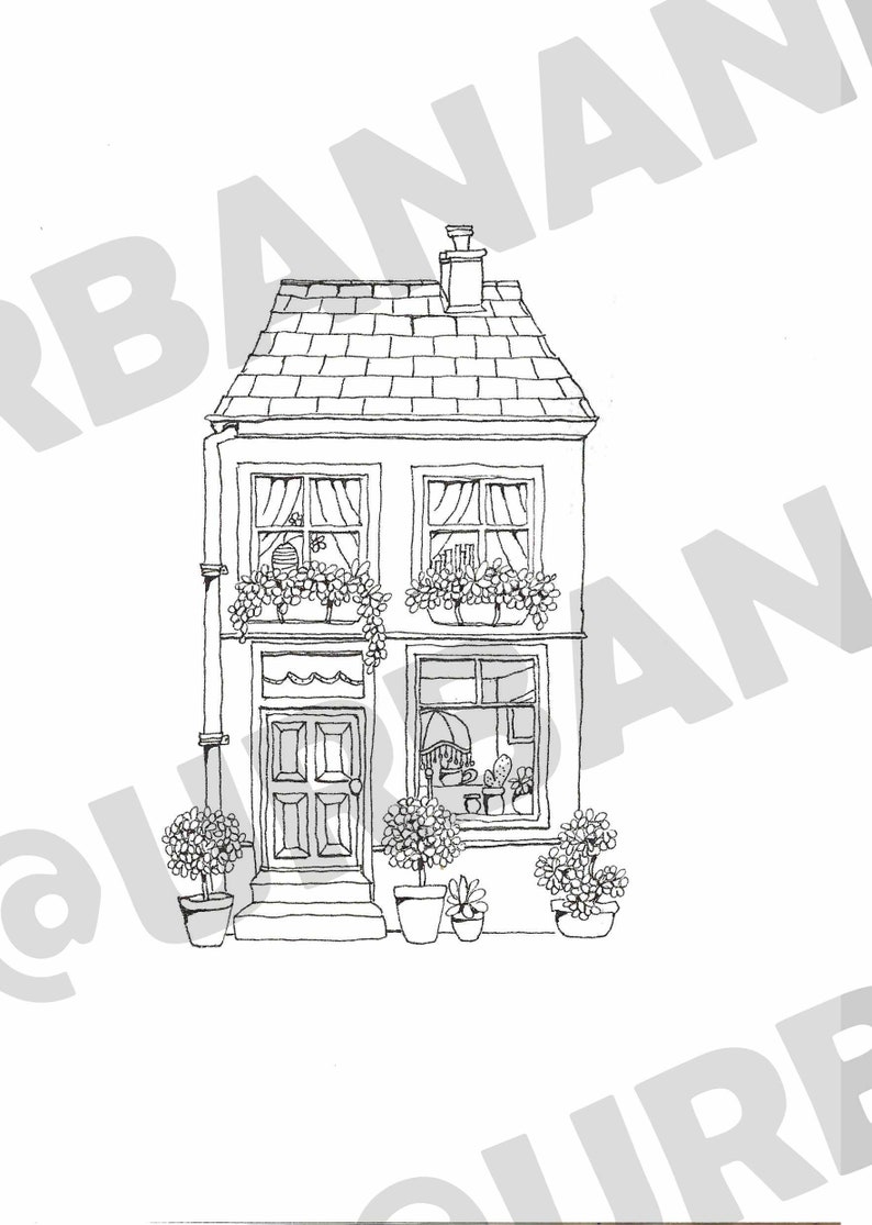 Set of 4 downloadable coloring sheets of original UrbanAnna pen drawings Tiny House Collection, Shopfront Bramble coloring for beginners afbeelding 3