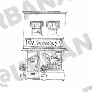 Set of 4 downloadable coloring sheets of original UrbanAnna pen drawings Tiny House Collection, Shopfront Bramble coloring for beginners afbeelding 4