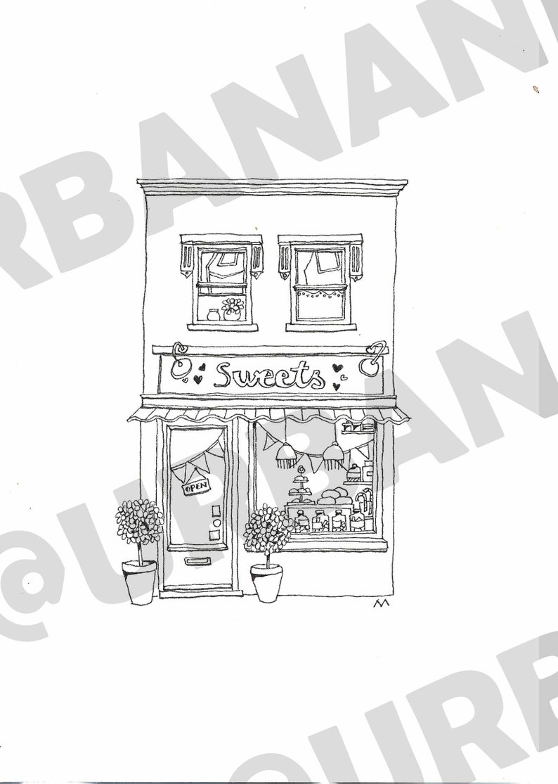 Set of 4 downloadable coloring sheets of original UrbanAnna pen drawings Tiny House Collection, Shopfront Bramble coloring for beginners afbeelding 4