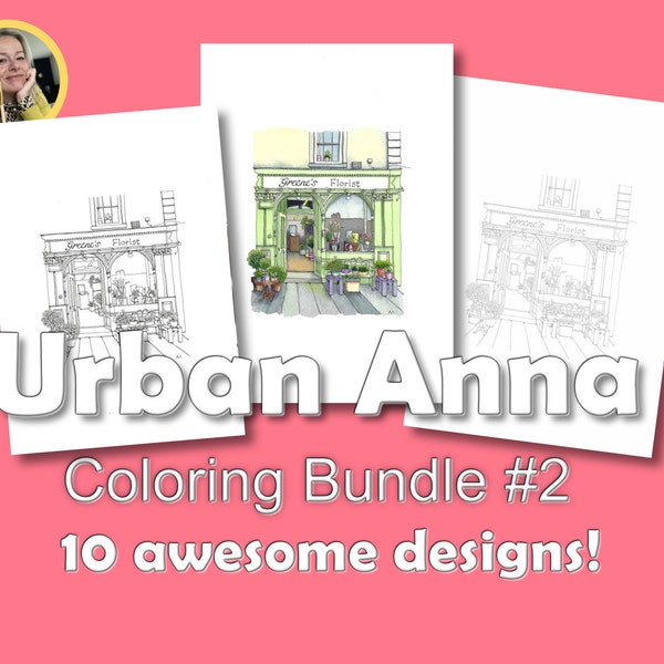 Part 2: Set of 10 downloadable coloring pages of original Urban Anna pen drawings 2023. Print at home PDF, shop fronts urban sketch