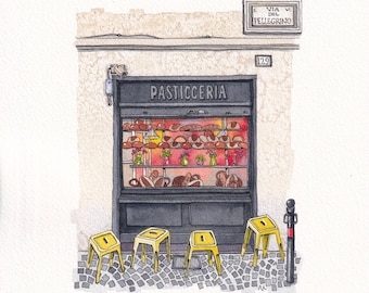 Bakery in Rome, watercolor painting illustrated by Dutch illustrator Urban Anna @urbananna20, hand made original European art