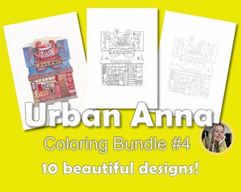 NEW!  Set of 10 downloadable coloring pages of original Urban Anna pen drawings 2023/2024. Print at home PDF, shop fronts urban sketch