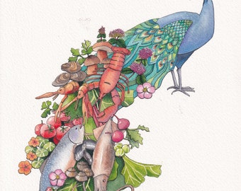 Peacock with seafood, watercolor painting illustrated by Dutch illustrator Urban Anna @urbananna20, restaurant menu, european original art