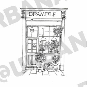 Set of 4 downloadable coloring sheets of original UrbanAnna pen drawings Tiny House Collection, Shopfront Bramble coloring for beginners afbeelding 2