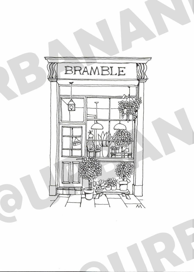 Set of 4 downloadable coloring sheets of original UrbanAnna pen drawings Tiny House Collection, Shopfront Bramble coloring for beginners afbeelding 2