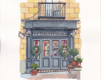 Madrid shop original watercolor painting by Urban Anna @urbananna20, urban art, original art, watercolour