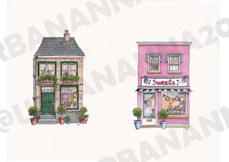 Juego de 4 hojas para colorear descargables de dibujos originales a lápiz de UrbanAnna Colección Tiny House, coloración Shopfront Bramble para principiantes imagen 6