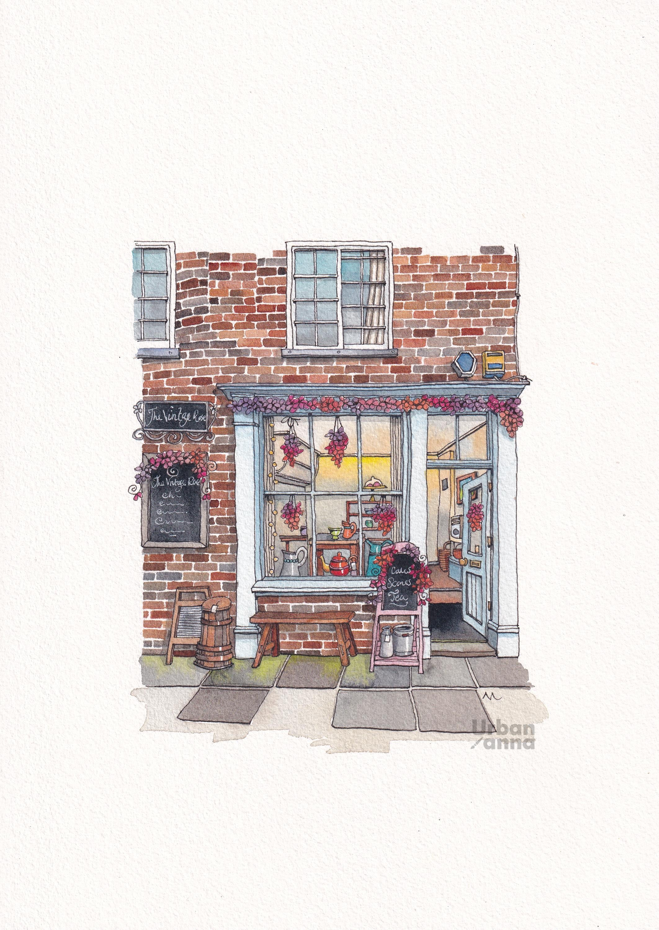 The Vintage Rose tearoom in York watercolor painting illustrated by Dutch illustrator Urban Anna @urbananna20, urban art, original art
