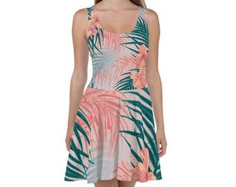 Pink Palm & Floral Skater Dress: Hawaiian Tropical Beachwear