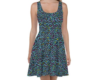 Rainbow Leopard Skater Dress: Sleeveless Party Sundress