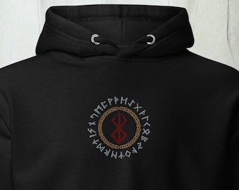 Embroidered Viking Hoodie: Younger Futhark Runes, Norse Berserker Symbol