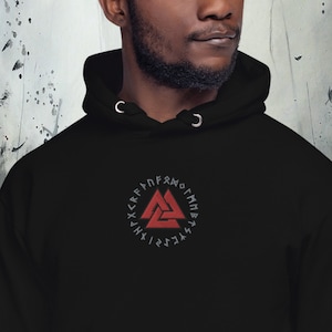 Viking Hoodie Odin Valknut & Younger Futhark Norse Alphabet Runes Premium Hooded Sweatshirt, Gift for Him or Her, Custom Embroidery Design