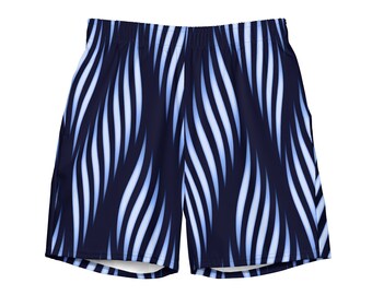 Puede incluir: Pantalones cortos de baño azul marino con un patrón repetitivo de líneas verticales onduladas de color azul claro. Los pantalones cortos tienen una cintura elástica y están diseñados para nadar o para uso casual. El diseño general es moderno y llamativo.