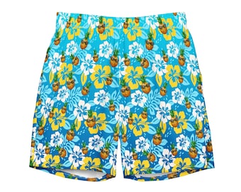 Men's Pineapple Hawaiian Swim Trunks: Tropical Flower Board Shorts
