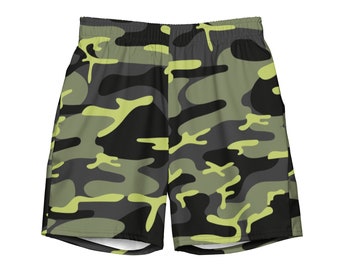 May include: Green, black, and yellow camouflage print athletic shorts.
